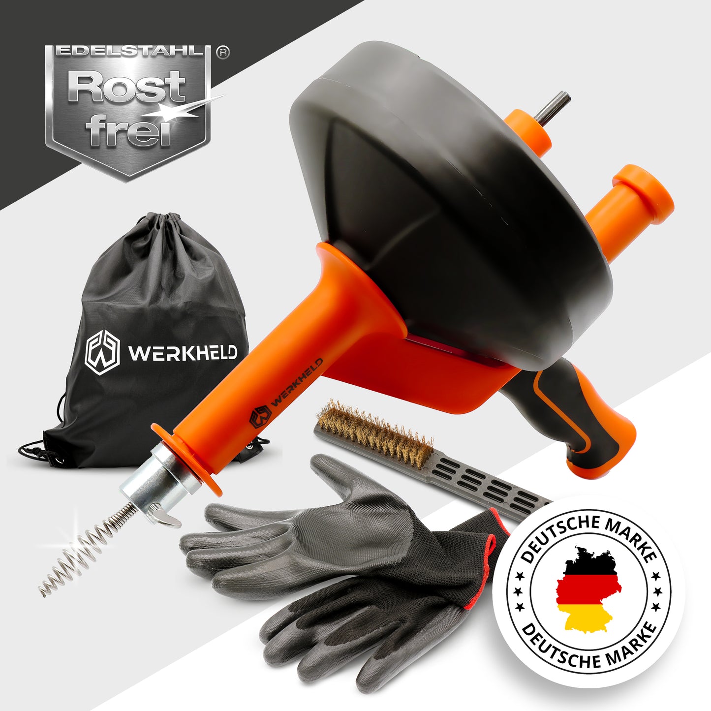 Rohrreinigungspirale im Set (Rohrreinigungsspirale, Tasche, Handschuhe, Bürste)